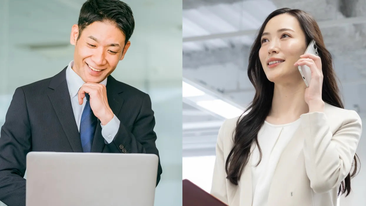 デスクでPCを使う男性・外出先でスマホを使う女性