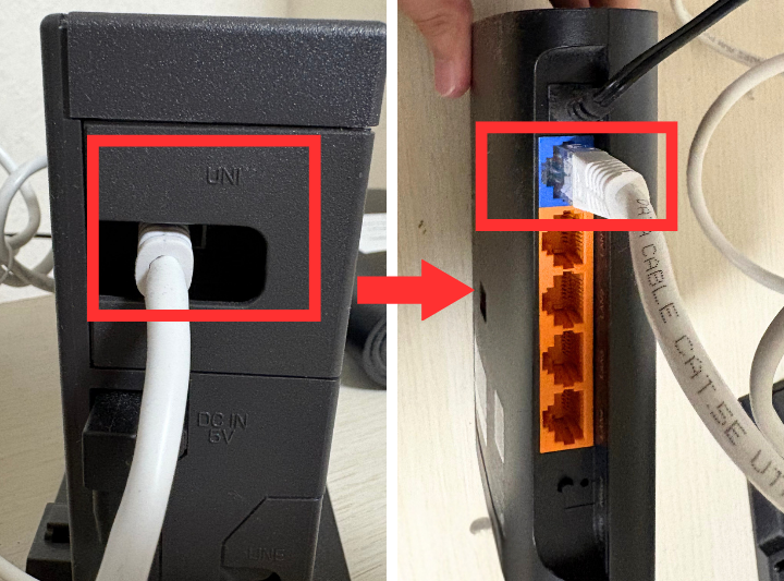 ONUからルーターにケーブルを挿す