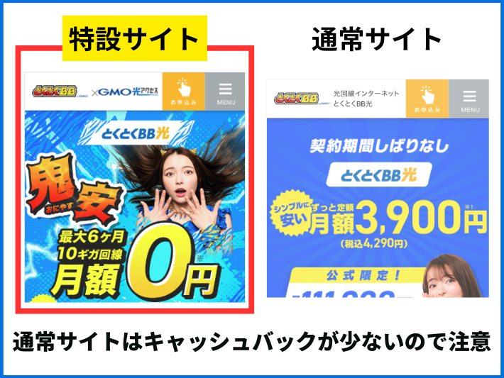 特設サイト経由で申し込むと高額キャッシュバックがもらえる