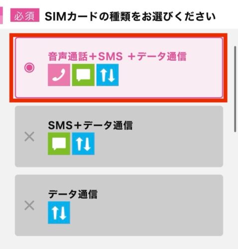 音声通話+SMS+データ通信を選択する