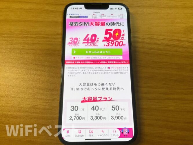 IIJmioのスマホ表示画面