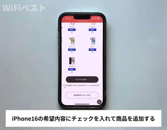 iPhone16の希望内容にチェックを入れて商品を追加する