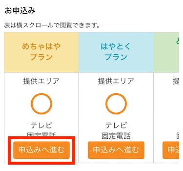 申込みたいプランを選択し、「申込みへ進む」をタップします