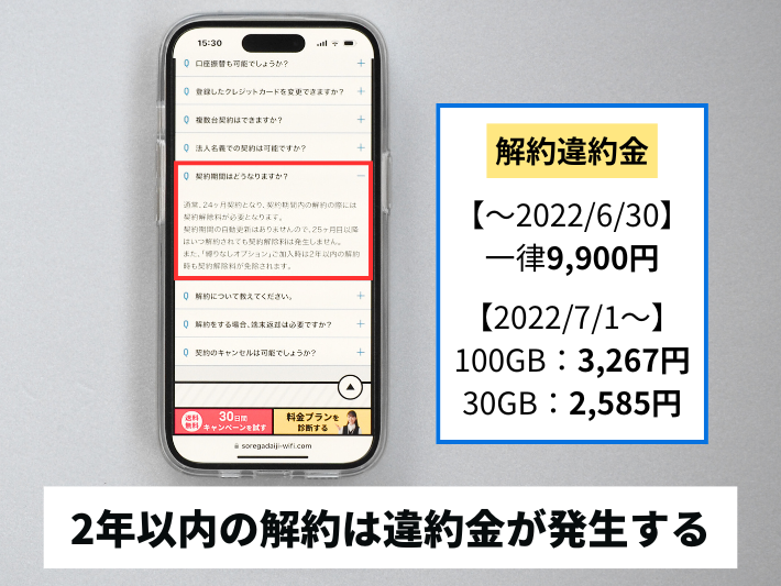 2年以内の解約は違約金が発生する